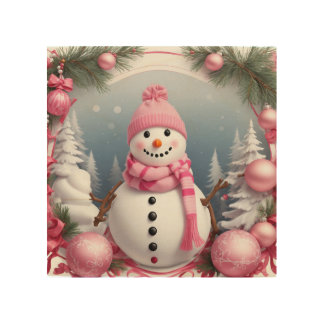 Pink Theme Snowman Wood Wall Art
