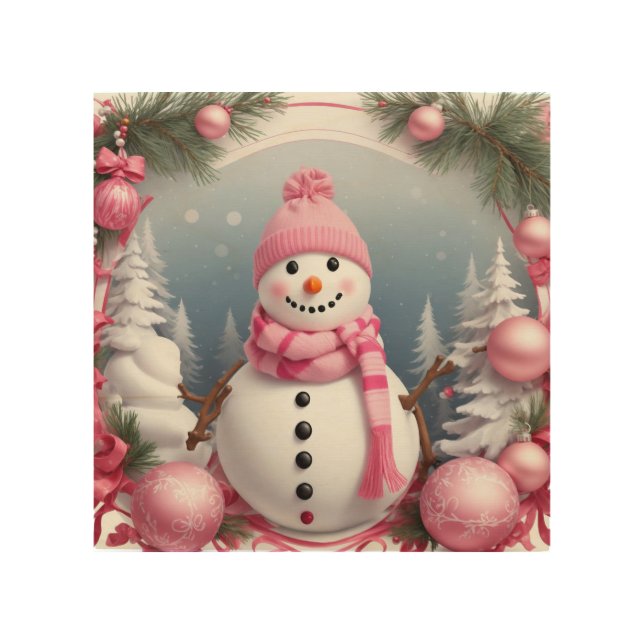 Pink Theme Snowman Wood Wall Art (Front)
