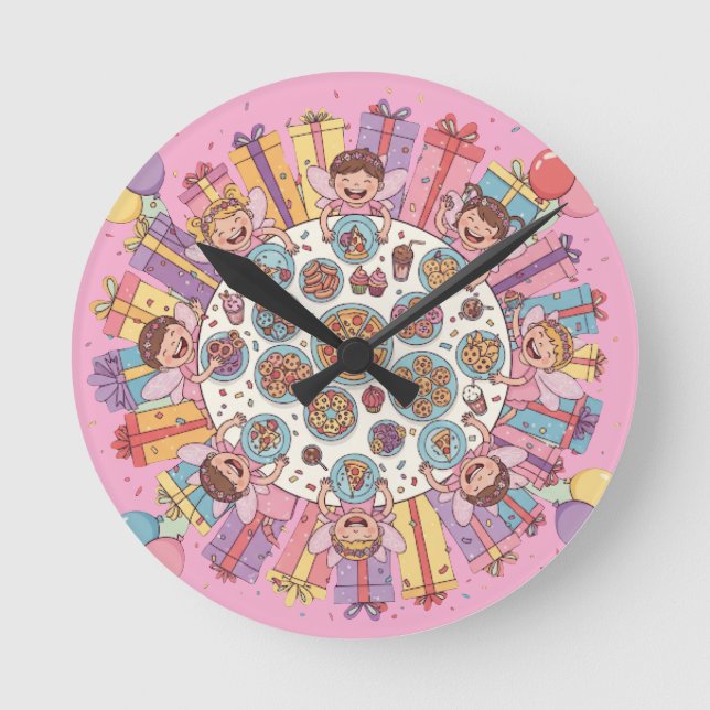 Pink Themed Fairy Costume Party for Children Round Clock (Front)