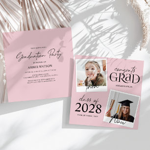 Pink Then And Now   2 Photo Graduation Invitation