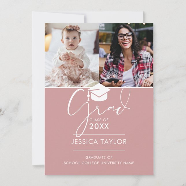 Pink Then And Now 3 Photo Graduation Announcement (Front)