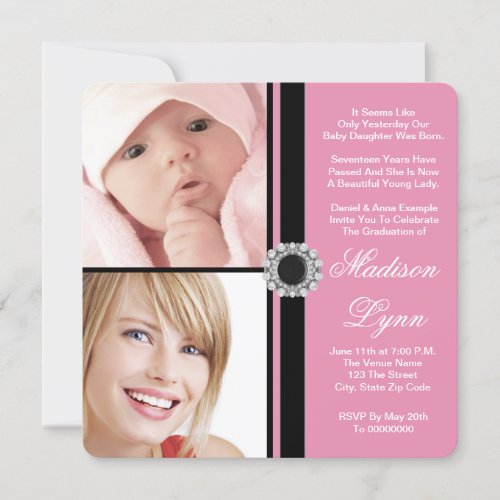 Pink Then and Now Photo Graduation Custom Invitation