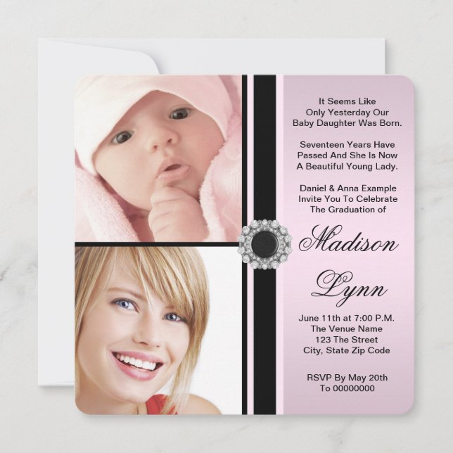 Pink Then and Now Photo Graduation Invitation (Front)