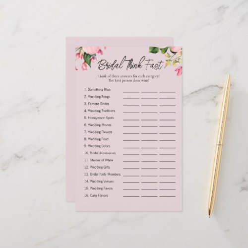 Pink Think Fast Bridal Shower Game