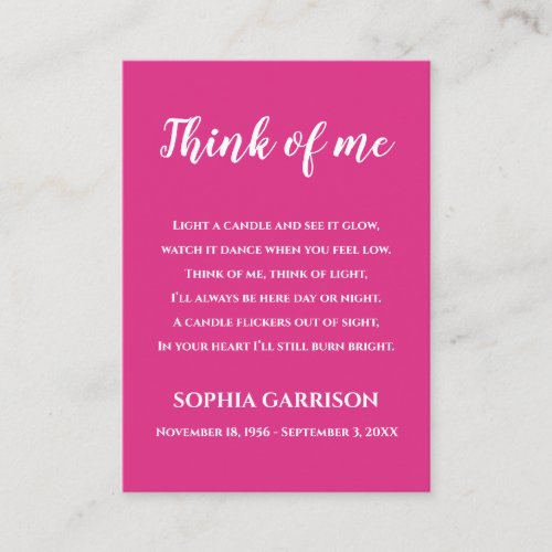 Pink Think Of Me Celebration of Life Candle Place Card