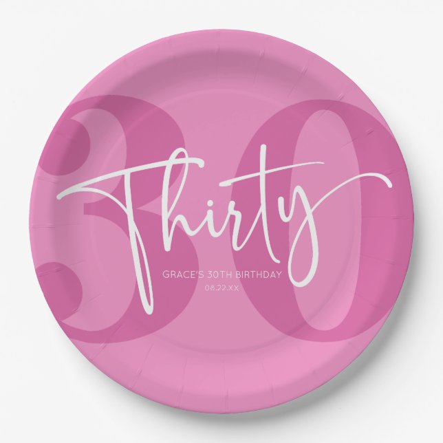 Pink Thirty 30th Thirtieth Birthday Party Paper Plates (Front)