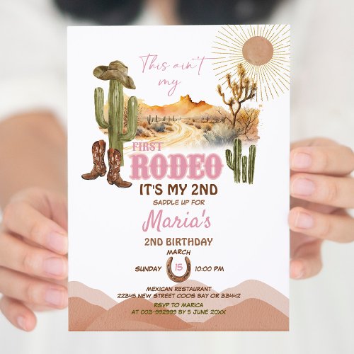 Pink This Aint My First Rodeo 2nd Birthday Cowboy Invitation