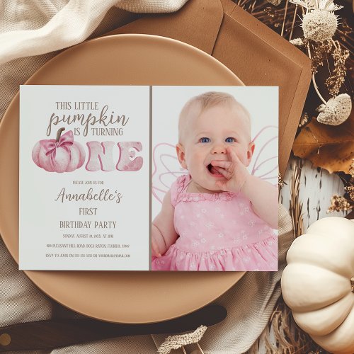 Pink This Little Pumpkin Photo 1st Birthday Party  Invitation