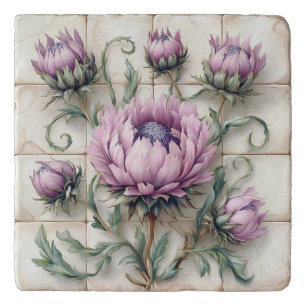 Pink Thistle Flowers Ceramic Tile Trivet