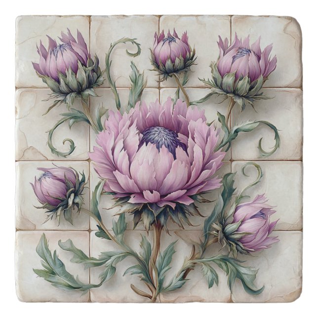 Pink Thistle Flowers Ceramic Tile Trivet (Front)