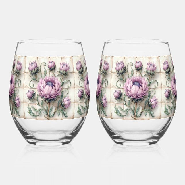 Pink Thistle Flowers Tile Stemless Wine Glass (Front)
