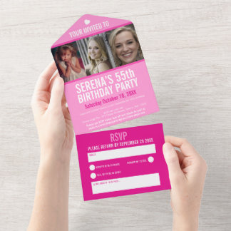 Pink three photos 55th Birthday party All In One Invitation