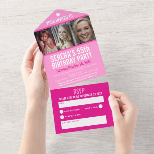 Pink three photos 55th Birthday party All In One Invitation