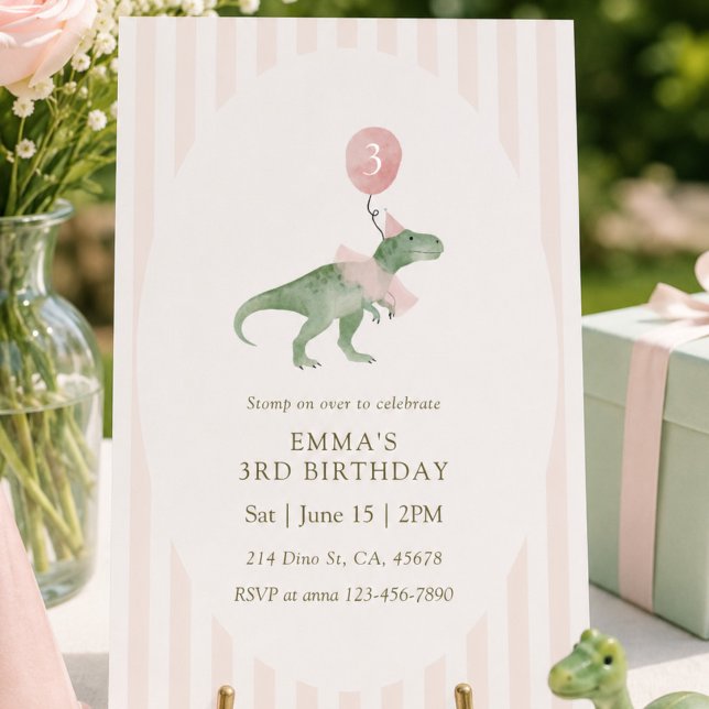 Pink Three Rex Dinosaur balloon Third Birthday Invitation (Creator Uploaded)