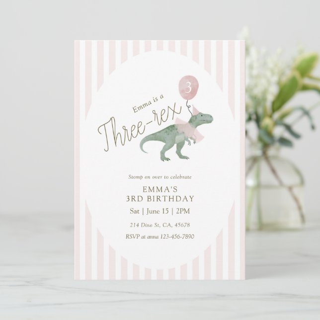 Pink Three Rex Dinosaur Third Birthday Invitation (Standing Front)