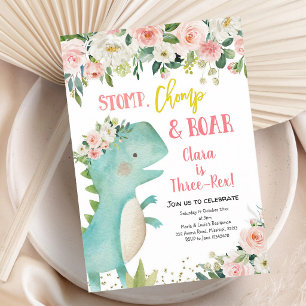 Pink Three-Rex Girl Dinosaur Birthday Invitation