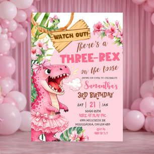 Pink Three Rex On The Loose Third Birthday Invitation