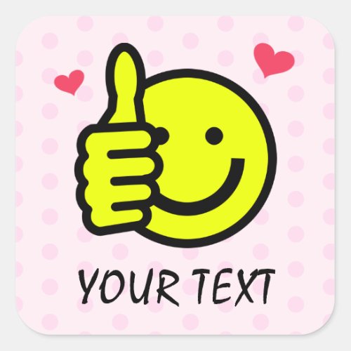 Pink Thumbs Up Smile Face Custom Text Square Sticker