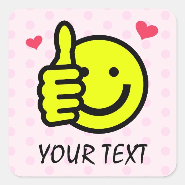 Pink Thumbs Up Smile Face Custom Text Square Sticker (Front)