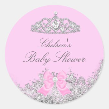 Pink Tiara & Bow Baby Shower Sticker by ExclusiveZazzle at Zazzle