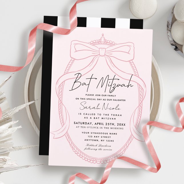 Pink Tiara & Bow Frame Bat Mitzvah Invitation (Creator Uploaded)