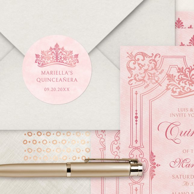 Pink Tiara Crown Elegant Quinceanera Classic Round Sticker (Creator Uploaded)
