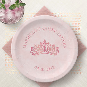 Pink Tiara Crown Elegant Quinceanera Paper Plates
