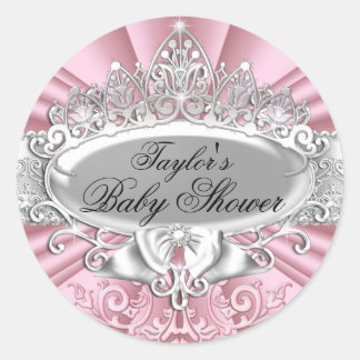 Pink Tiara & Damask Baby Shower Sticker