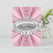 Pink Tiara Damask Sweet 16 Birthday Party Invitation (Standing Front)