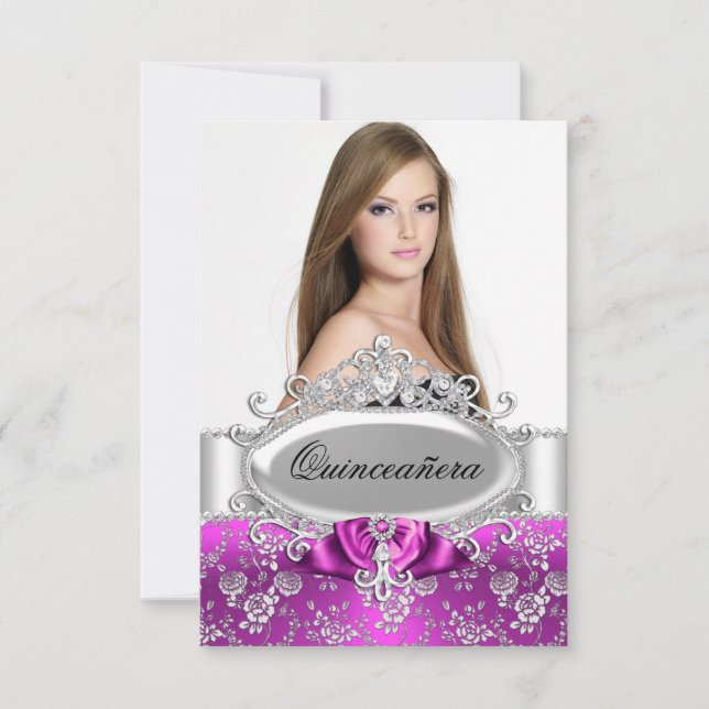 Pink Tiara & Floral Rose Quinceanera Invite (Front)