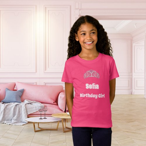 Pink tiara name birthday girl T_Shirt