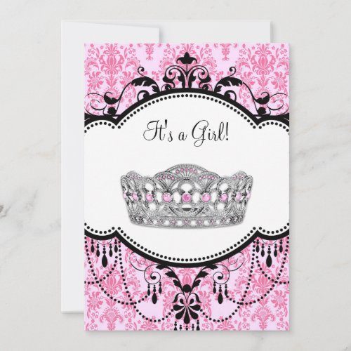 Pink Tiara Pink Black Damask Baby Shower Invitation