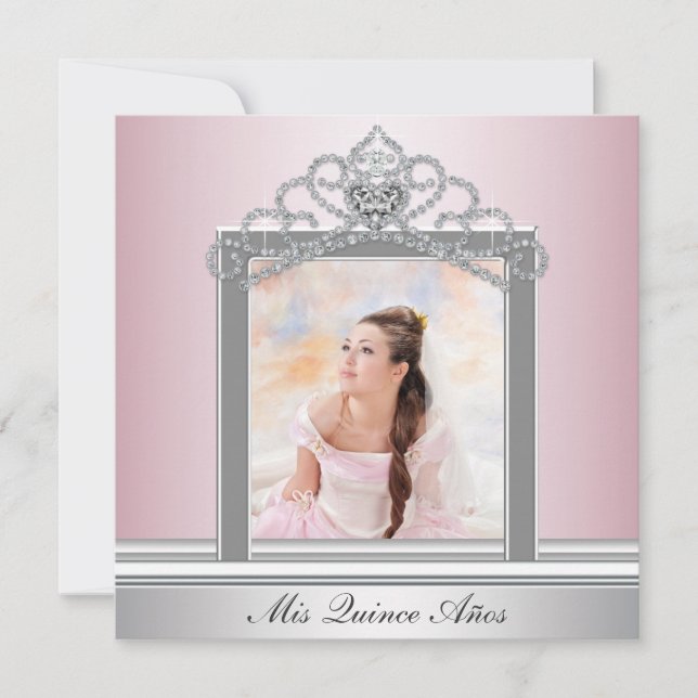 Pink Tiara Pink Photo Quinceanera Invitation (Front)