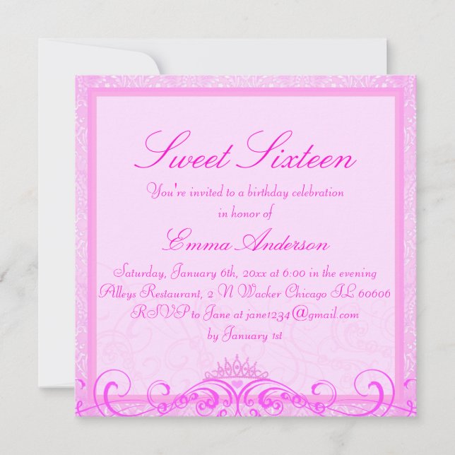 Pink Tiara Sweet Sixteen Invite (Front)