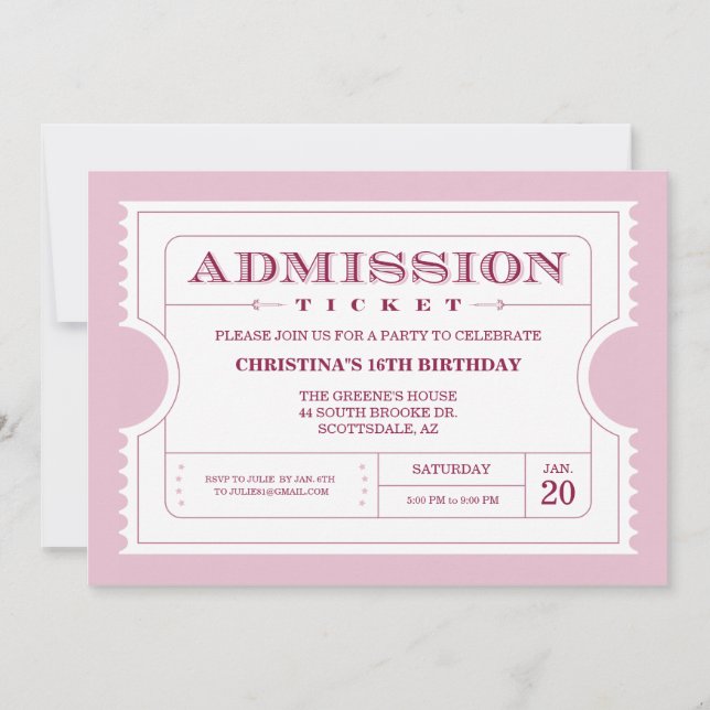 Pink Ticket Party Invitation (Front)