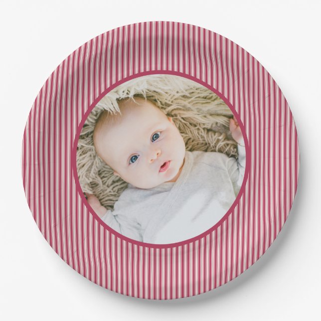 Pink Ticking Stripes Photo  Paper Plates (Front)