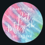 Pink Tie Dye Bat Mitzvah Party Thank You Favor Classic Round Sticker<br><div class="desc">Pink,  Turquoise and Aqua Blue Tie Dye Personalized Sticker for a Hippie Chic Bat Mitzvah with custom name and date text,  is great for invitation envelope seals and favor labels. Part of a collection designed by Paper Grape for Zazzle.</div>