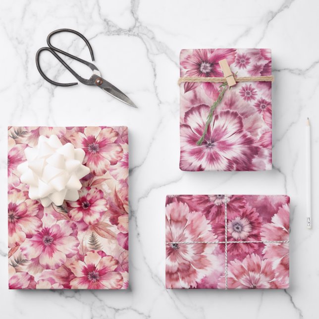 Pink Tie Dye Floral Wrapping Paper Sheets (Front)