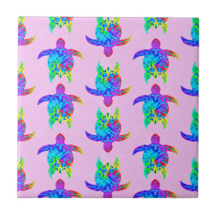 Pink Tie Dye Island Tribal Turtles Ceramic Tile