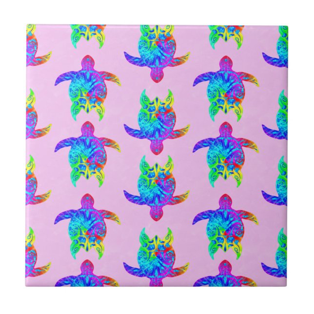 Pink Tie Dye Island Tribal Turtles Ceramic Tile (Front)