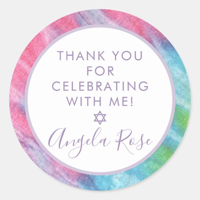 Pink Tie Dye Mitzvah Star Custom Thank You Favor Classic Round Sticker (Front)