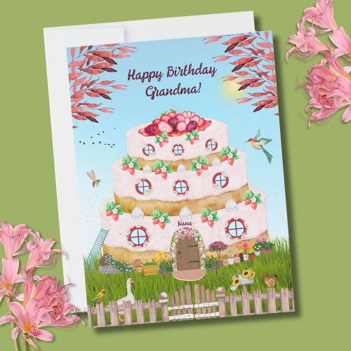 Pink Tiered Cake with Fruits and Flowers Card