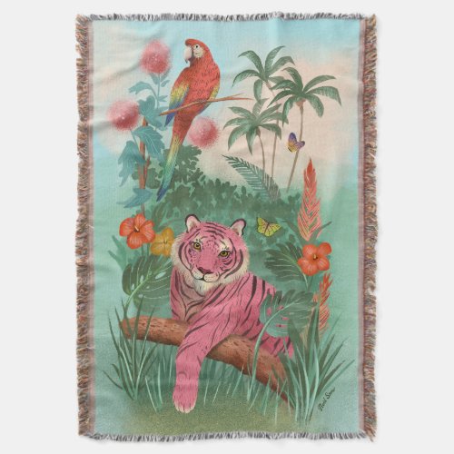 Pink Tiger and Parrot  Throw Blanket