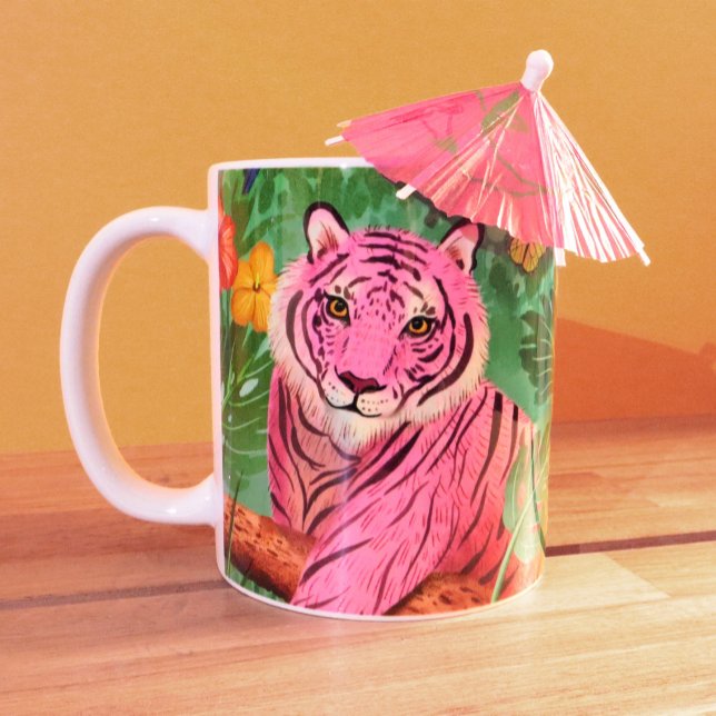 Pink Tiger and Parrot Tropical Jungle Two-Tone Coffee Mug (Creator Uploaded)