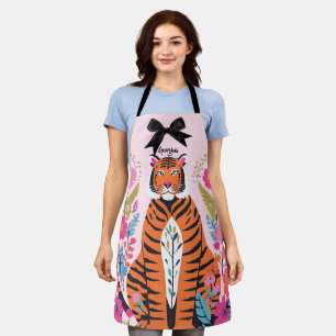 Pink Tiger Floral Bow Aesthetic Chic Artistic Apron