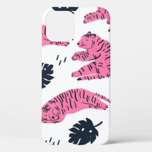 Pink tiger lies in various positions. Tropical lea iPhone 12 Case