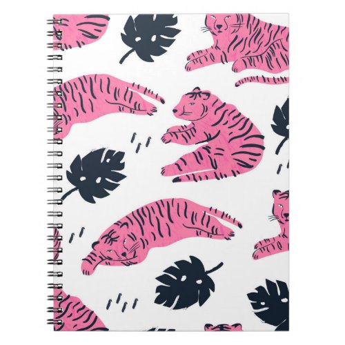 Pink tiger lies in various positions Tropical lea Notebook
