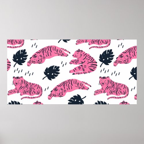 Pink tiger lies in various positions Tropical lea Poster