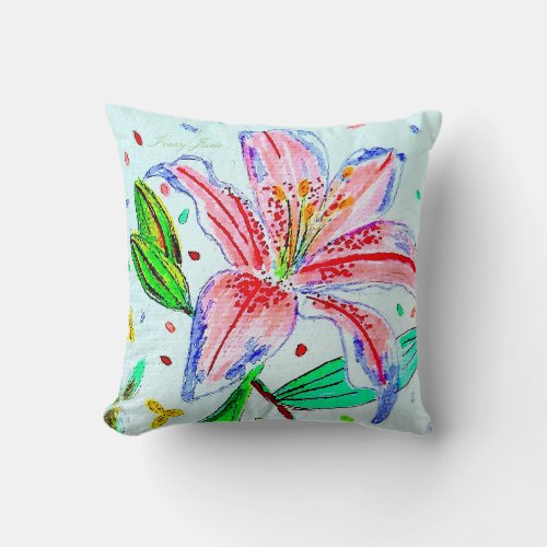 Pink Tiger Lily by Areilla  Lily Designs Throw Pillow