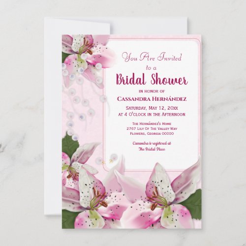 Pink Tiger Lily Pearls Spring Bridal Shower Invitation